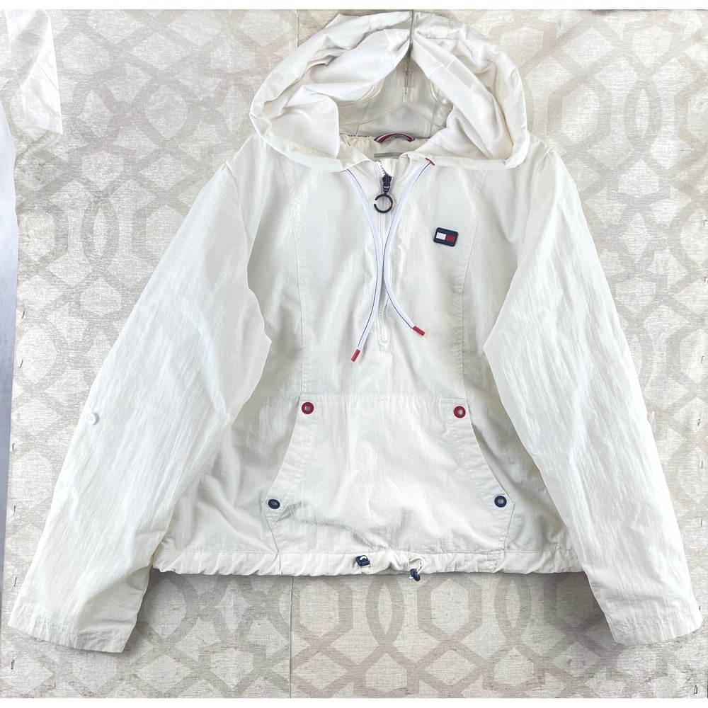 Tommy Hilfiger Sport Women XL White Nylon Windbreaker Anorak Quarter Zip Jacket